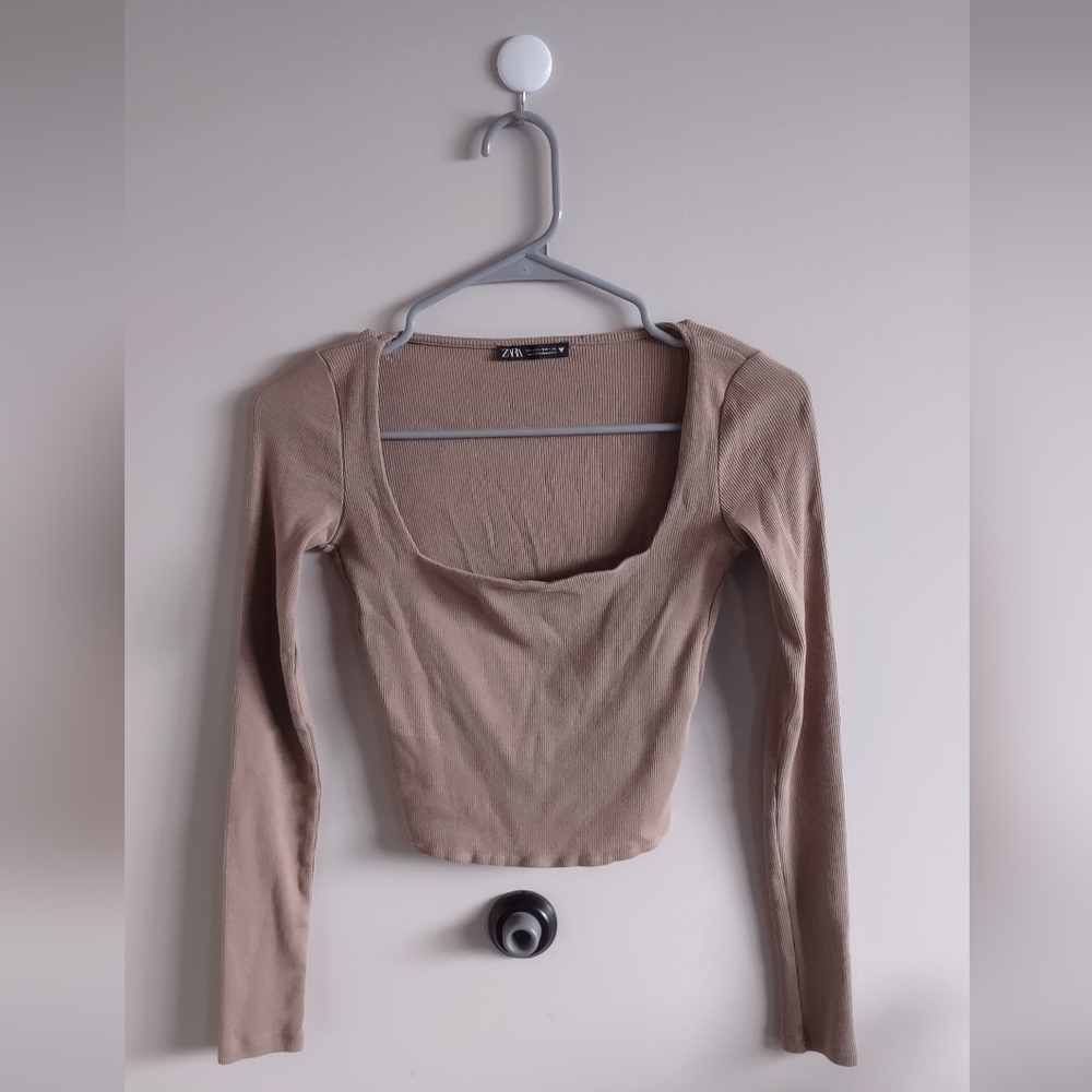 Zara Long Sleeve Square-neck Tan Crop Top